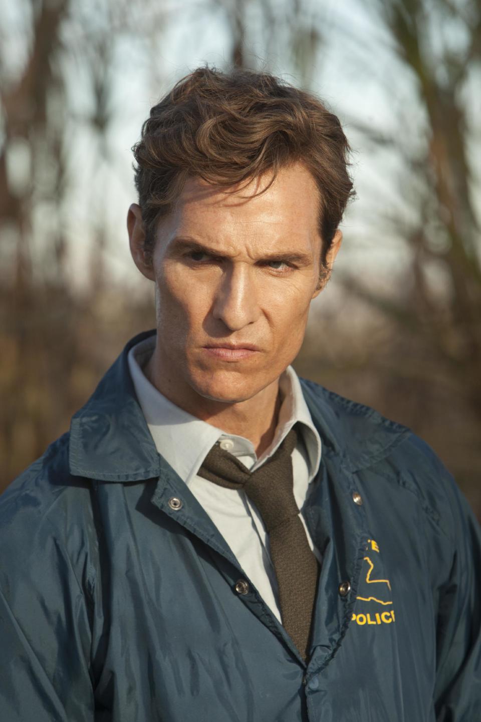 This image released by HBO shows Matthew McConaughey as Rustin Cohle in a scene from the series "True Detective." A few years ago, Matthew McConaughey's career had bottomed out in rom-com mediocrity. He resolved to alter his path, and the rebirth that followed _ the so-called McConaissance _ reaches an apogee with his Oscar nomination for his performance in "Dallas Buyers Club." (AP Photo/HBO, Jim Bridges)