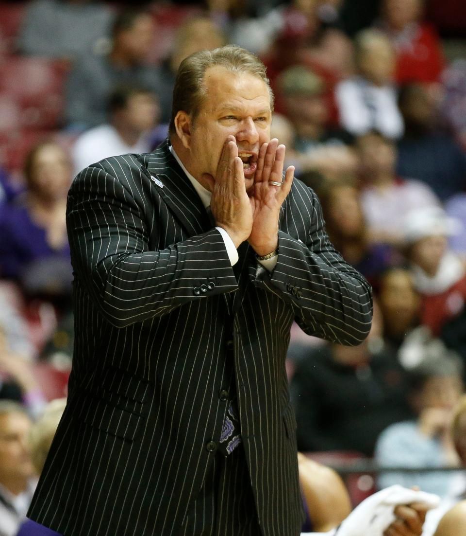 Stephen F. Austin head coach Kyle Keller yells instructions to his team during a game against Alabama in Coleman Coliseum on Dec. 6, 2019.