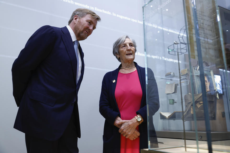 Netherlands' King Willem Alexander tours the National Holocaust Museum in Amsterdam, Netherlands, Sunday, March 10, 2024. The Netherlands National Holocaust Museum is opening on Sunday in a ceremony presided over by the Dutch king as well as Israeli President Isaac Herzog, whose presence is prompting protest because of Israel's deadly offensive against Palestinians in Gaza. (Piroschka van de Wouw/Pool Photo via AP)