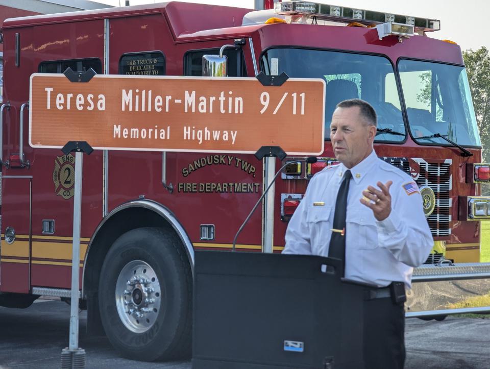 Sandusky Township Fire Chief Dean Schneider speaking during the naming of the Teresa Miller-Martin 9/11 Memorial Highway.