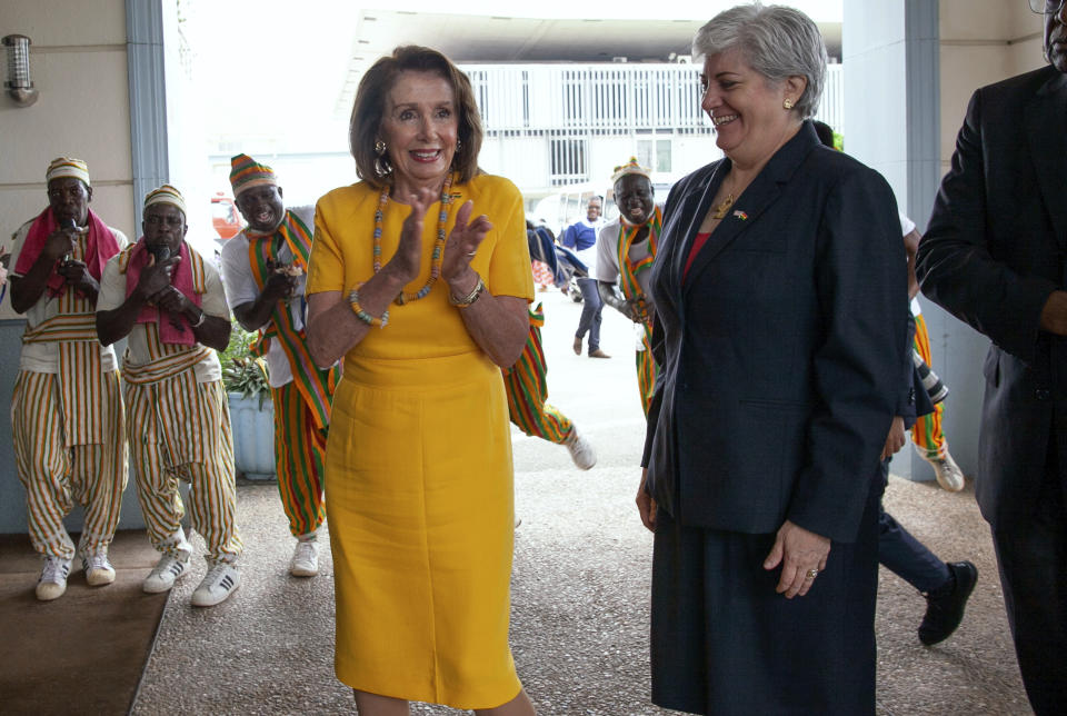 US House Speaker Nancy Pelosi arrives at Ghana's Parliament in Accra, Ghana, Wednesday, July 31, 2019. Pelosi and other members of the U.S. Congress plan discussions on "regional security, sustainable and inclusive development and the challenges of tomorrow including the climate crisis." (AP Photo/Christian Thompson)