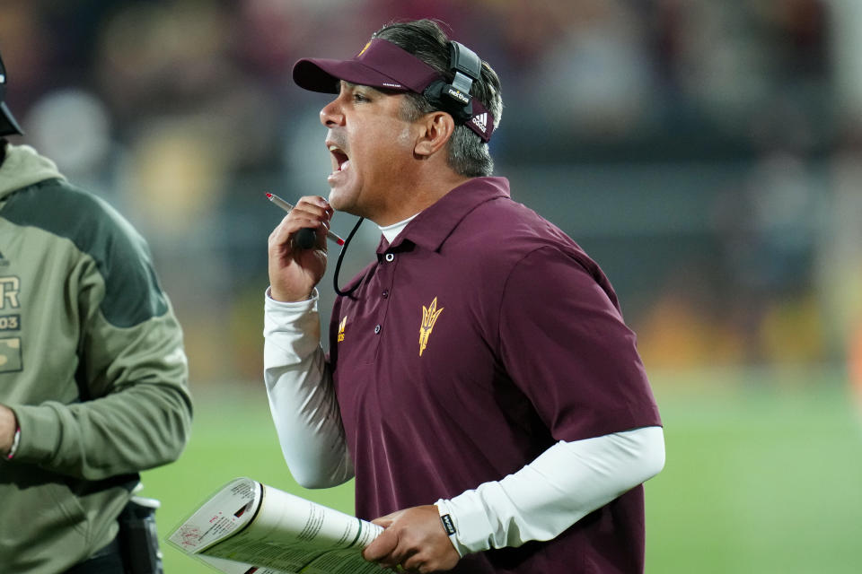 Arizona State interim head coach Shaun Aguano shouts instructions to his players during the second half of an NCAA college football game against UCLA in Tempe, Ariz., Saturday, Nov. 5, 2022. UCLA won 50-36. (AP Photo/Ross D. Franklin)