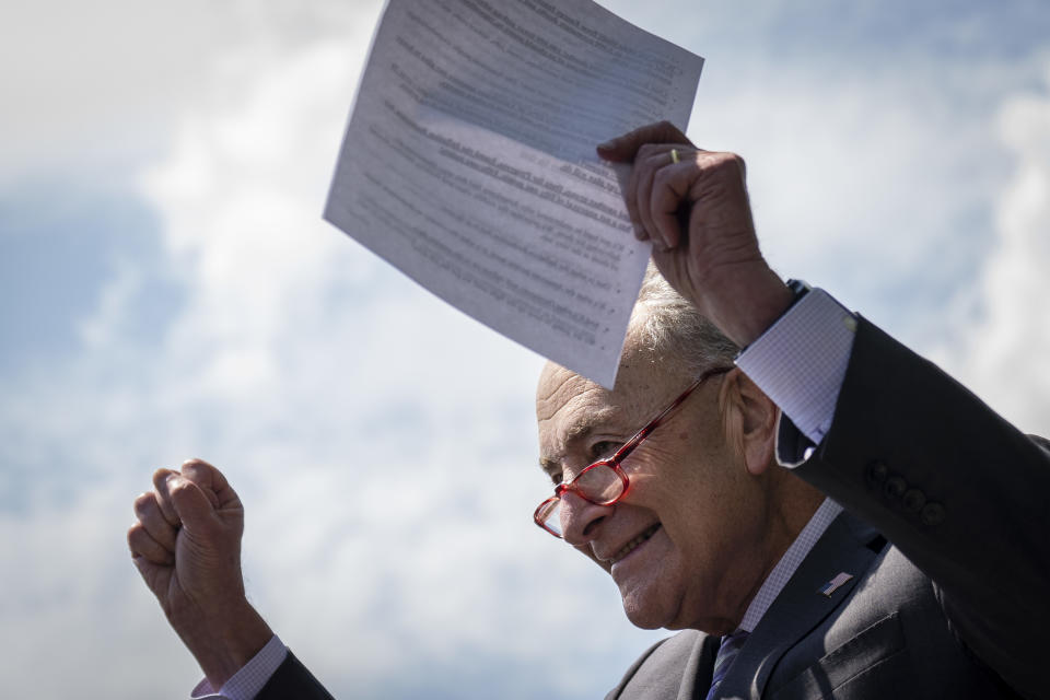 WASHINGTON, DC - AUGUST 4: Senate Majority Leader Chuck Schumer (D-NY) arrives to a news conference about the Inflation Reduction Act outside the U.S. Capitol on August 4, 2022 in Washington, DC. Negotiations continue on the Senate budget reconciliation deal, which Senate Democrats have named The Inflation Reduction Act of 2022. The bill is expected to include $370 billion on energy and climate spending, roughly $300 billion in deficit reduction, three years of subsidies for Affordable Care Act premiums, some prescription drug reforms and tax modifications. (Photo by Drew Angerer/Getty Images)