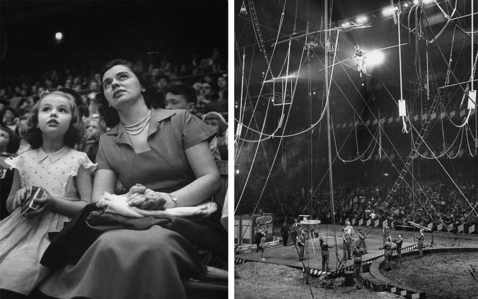 <p>Spectators look on during the high wire act in the Ringling Bros. circus at Madison Square Garden, New York City in 1953.</p>