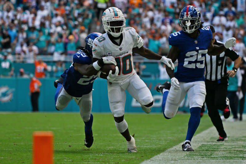 Miami Dolphins wide receiver Tyreek Hill (10) runs against the New York Giants on Sunday at Hard Rock Stadium in Miami Gardens, Fla. Photo by Larry Marano/UPI