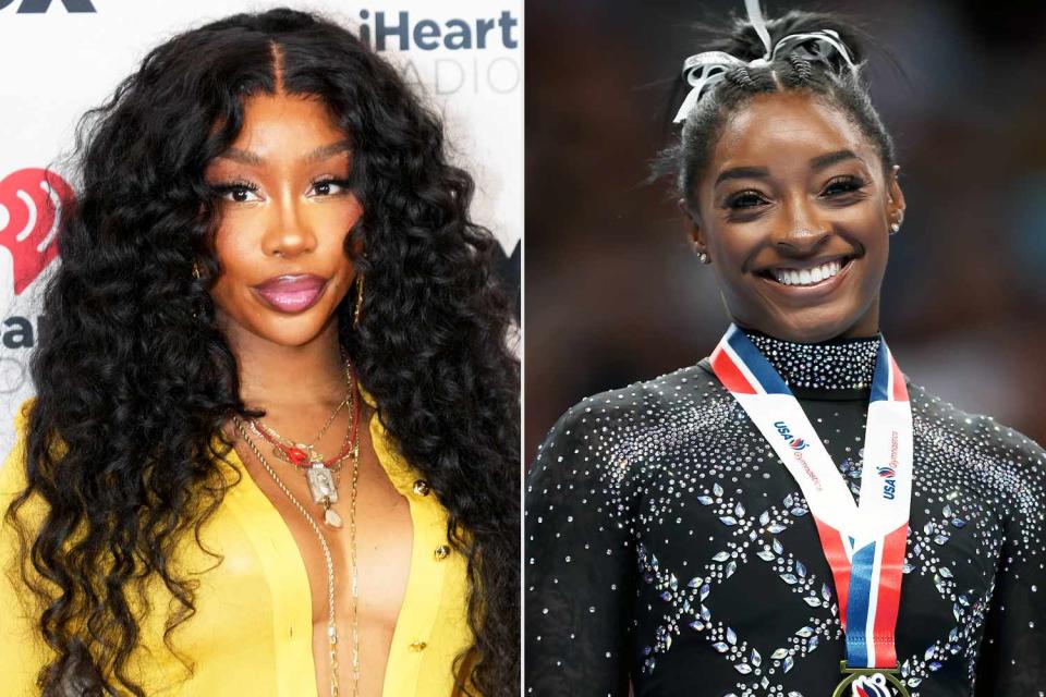 <p>Jeff Kravitz/FilmMagic; Ezra Shaw/Getty</p> SZA (left) and Simone Biles