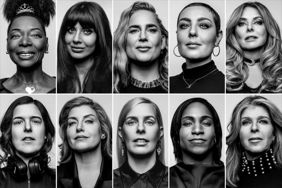 Top row (left to right): Floella Benjamin, Jameela Jamil,  Anna Whitehouse, Amy Dowden, Carol Vorderman. Bottom row (left to right): Rosie Jones, Penny Mordaunt, Sara Pascoe, Maggie Alphonsi, Kate Garraway) (Sane Seven)