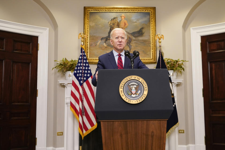 President Joe Biden speaks in the Roosevelt Room of the White House, Saturday, Feb. 27, 2021, in Washington. (AP Photo/Pablo Martinez Monsivais)