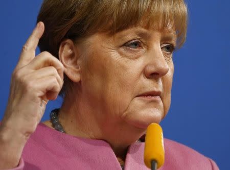 German Chancellor Angela Merkel makes a speech during the Christian Democratic Union (CDU) New Year reception in Mainz, Germany January 8, 2016. REUTERS/Kai Pfaffenbach