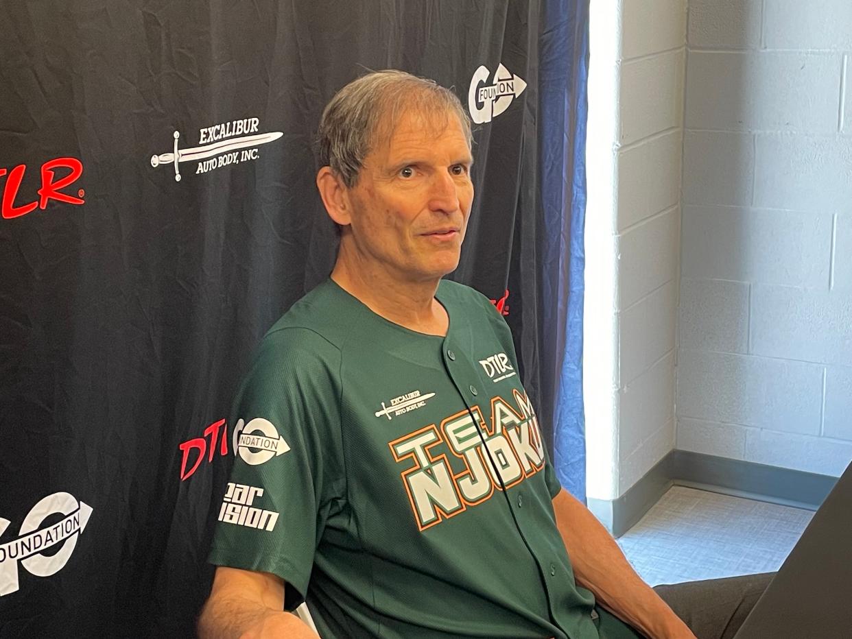 Cleveland Browns legend Bernie Kosar speaks during a news conference before the David Njoku Celebrity Softball Game on Saturday, June 8, at Classic Park in Eastlake, Ohio.