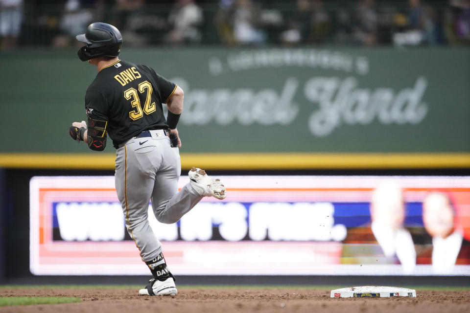 Pittsburgh Pirates' Henry Davis rounds second base after hitting a two-run home run during the second inning of a baseball game against the Milwaukee Brewers, Friday, Aug. 4, 2023, in Milwaukee. (AP Photo/Aaron Gash)