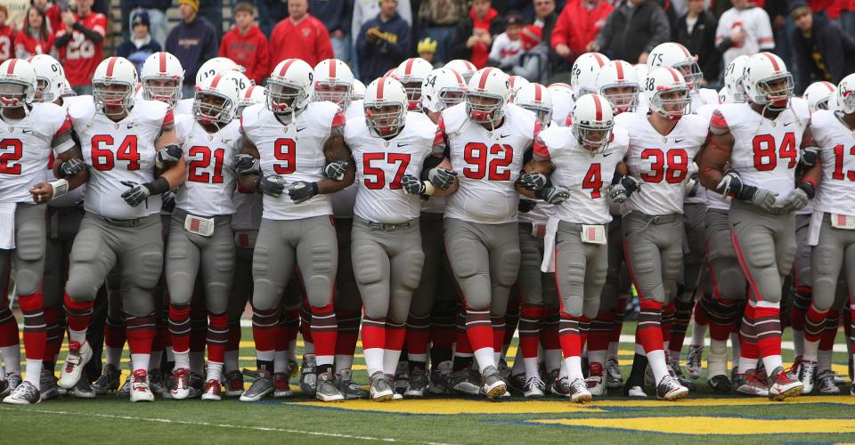 (NCL_OSU09UM_LAURON 21NOV09) Ohio State's football team makes their way on to the field for their game against Michigan at Michigan University, November 21, 2009. Uniform (Dispatch photo by Neal C. Lauron