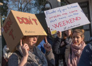 <p>Demonstrators gather to protest against US President Donald Trump in front of the US Embassy on January 21, 2017 in Lisbon, Portugal. Simultaneous protests have been staged, mainly by women, in many different countries against Trump’s behavior to women. (Photo by Horacio Villalobos – Corbis/Corbis via Getty Images) </p>