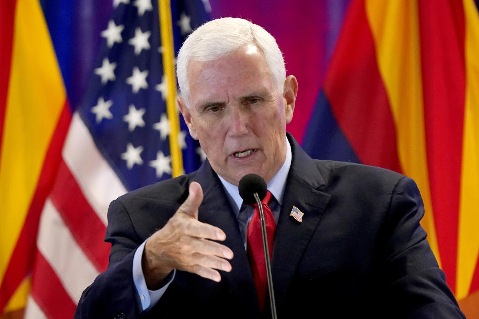 Former Vice President Mike Pence speaks on border security following a border tour, Monday, June 13, 2022, in Phoenix. (AP Photo/Matt York)