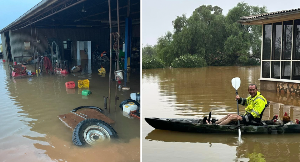 Left, debris floating in floodwater in the sheep station's work rooms. Right, a worker wearing hi-vis on a kayak with chickens in the back. 