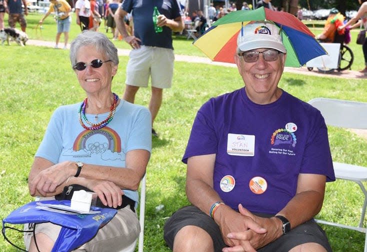 Marlene Samuelson and her brother Stan sit together at Cape Cod Pride in June of 2019.