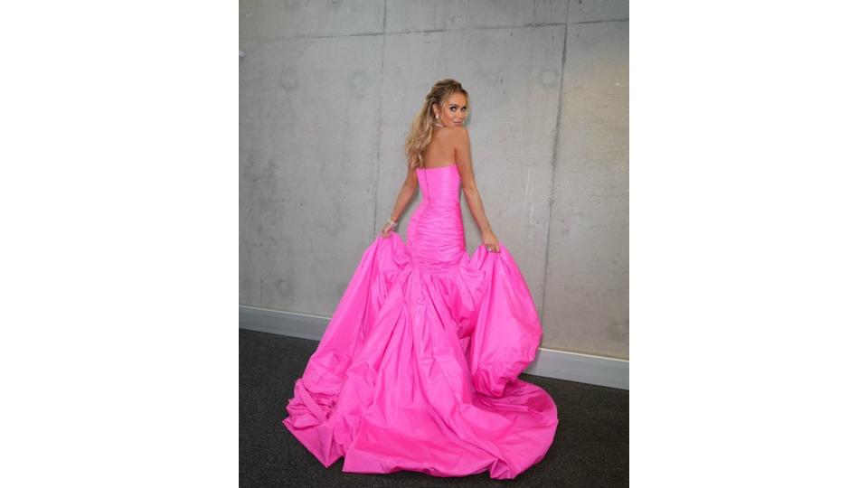 Amanda Holden in pink strapless gown with large train on BGT