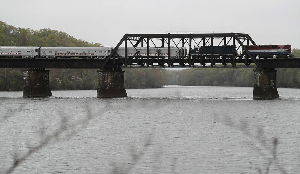 El tren circense cruzando un puente