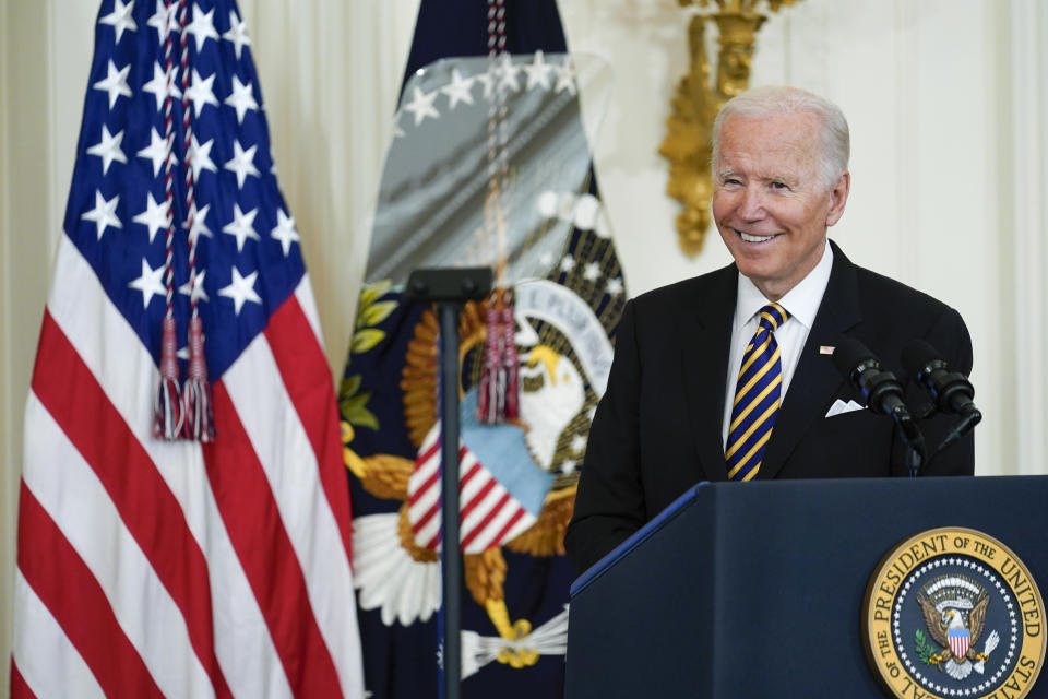 President Joe Biden speaks during the 2022 National and State Teachers of the Year event in the East Room of the White House in Washington, Wednesday, April 27, 2022. President Joe Biden speaks during the 2022 National and State Teachers of the Year event in the East Room of the White House in Washington, Wednesday, April 27, 2022. The Department of Homeland Security is stepping up an effort to counter disinformation coming from Russia as well as misleading information that human smugglers circulate to target migrants hoping to travel to the U.S.-Mexico border. (AP Photo/Susan Walsh)(AP Photo/Susan Walsh)