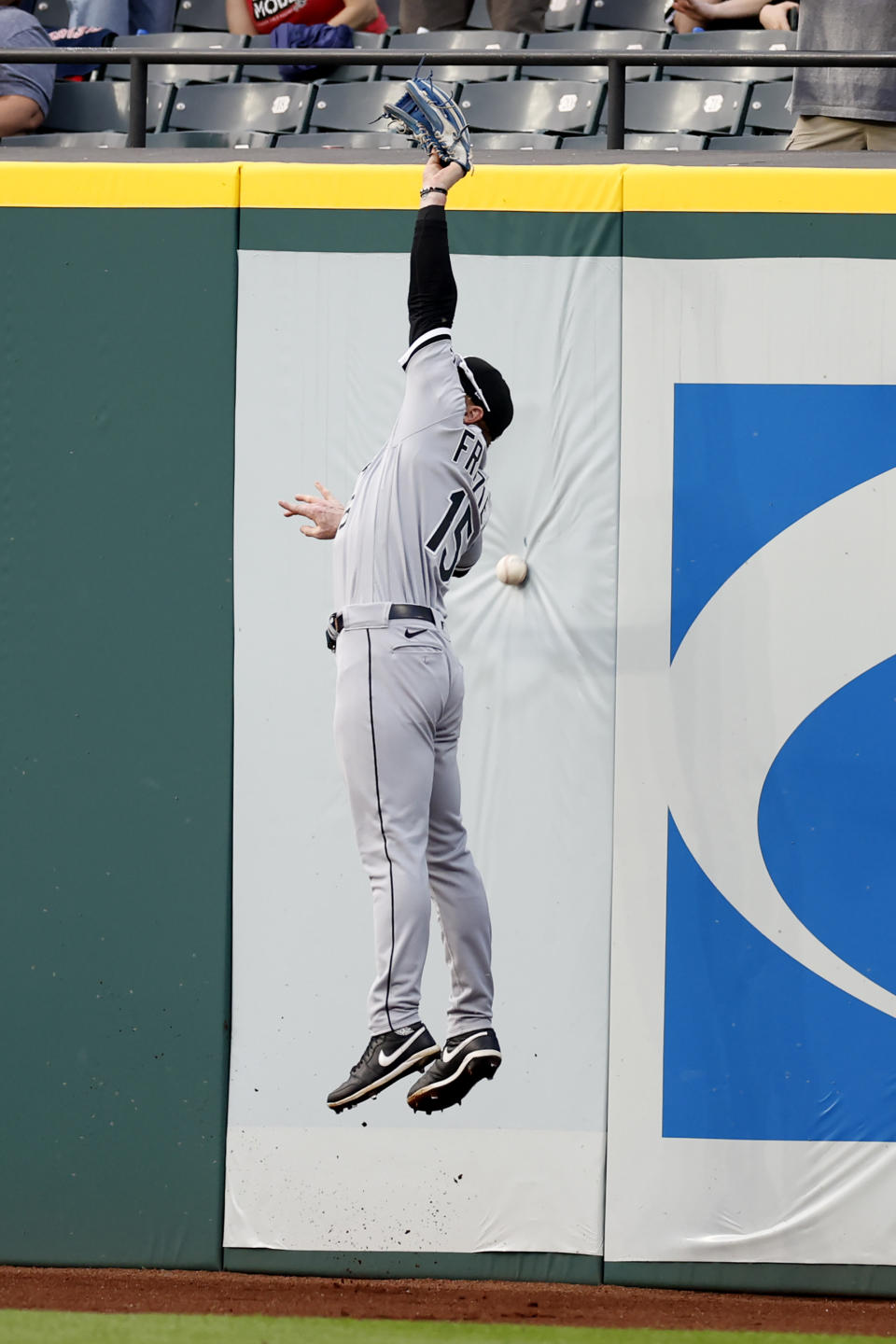 Chicago White Sox outfielder Clint Frazier cannot make a catch on a triple by Cleveland Guardians' Jose Ramirez during the eighth inning of a baseball game, Tuesday, May 23, 2023, in Cleveland. (AP Photo/Ron Schwane)