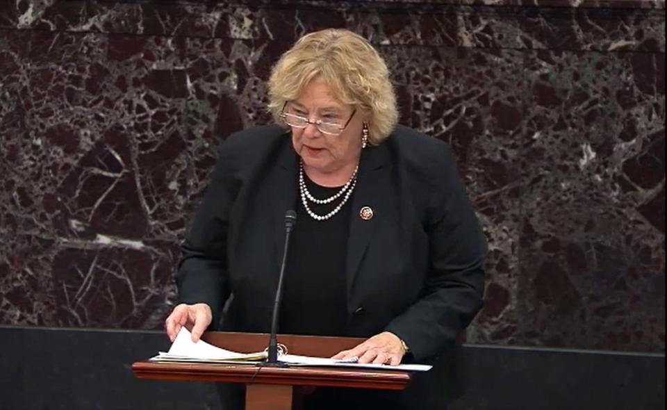 House manager manager Rep. Zoe Lofgren, D-Calif., speaks during the impeachment proceedings against President Donald Trump in the Senate on Friday.