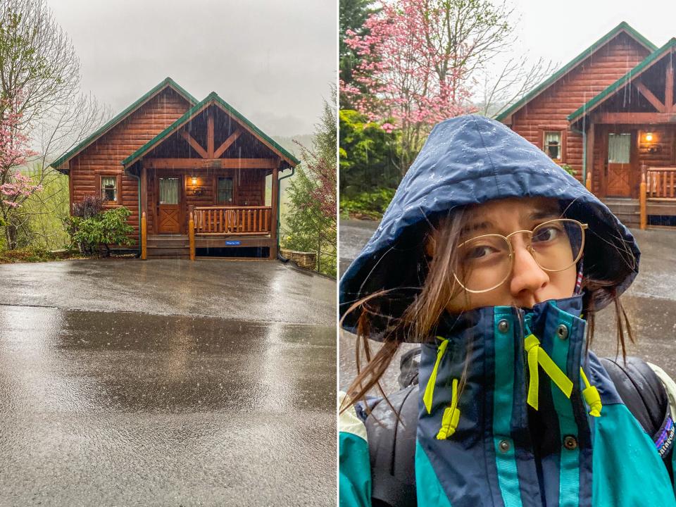 Left image: The red-brown cabin with a green roof is seen in the rain with gray skies. Right image: Similar to left image with the author in front in a blue hooded raincoat.