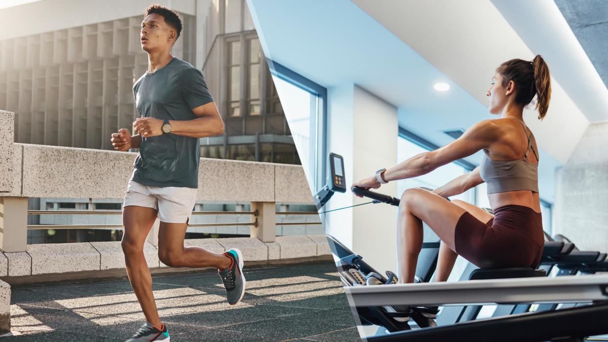  A photo of a man running and a woman on a rowing machine. 