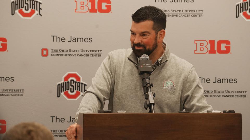 Nov 15, 2022; Columbus, Ohio, United States; Ohio State University football head coach Ryan Day during a news conference at the Woody Hayes Athletic Center. Mandatory Credit: Doral Chenoweth/The Columbus Dispatch