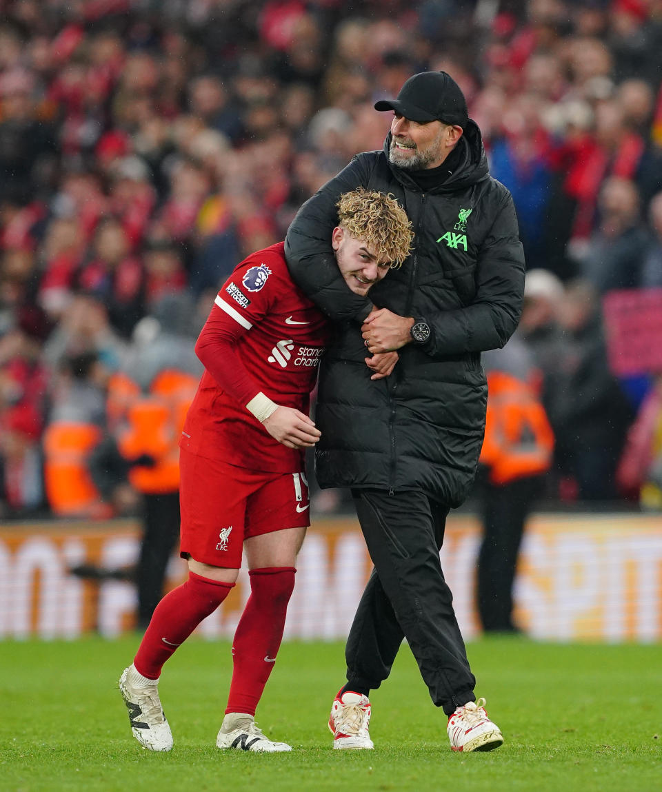 Liverpool manager Jurgen Klopp greets his play Harvey Elliott after their English Premier League match against Manchester City. 