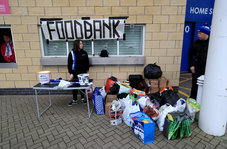 cost of living crisis A food bank outside the stadium before the Premier League match at the King Power Stadium, Leicester.