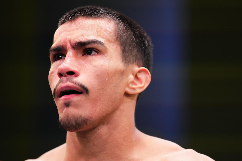 LAS VEGAS, NEVADA - MARCH 23: Igor Severino of Brazil reacts after his disqualification against Andre Lima of Brazil in a flyweight fight during the UFC Fight Night event at UFC APEX on March 23, 2024 in Las Vegas, Nevada. (Photo by Chris Unger/Zuffa LLC via Getty Images)