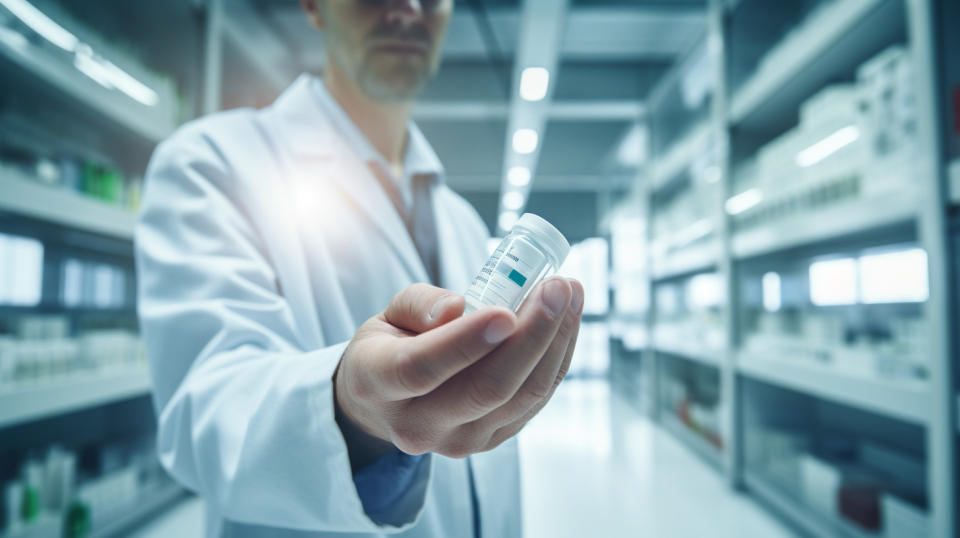 A pharmacist holding a vial of a pharmaceutical product manufactured by West Pharmaceuticals.