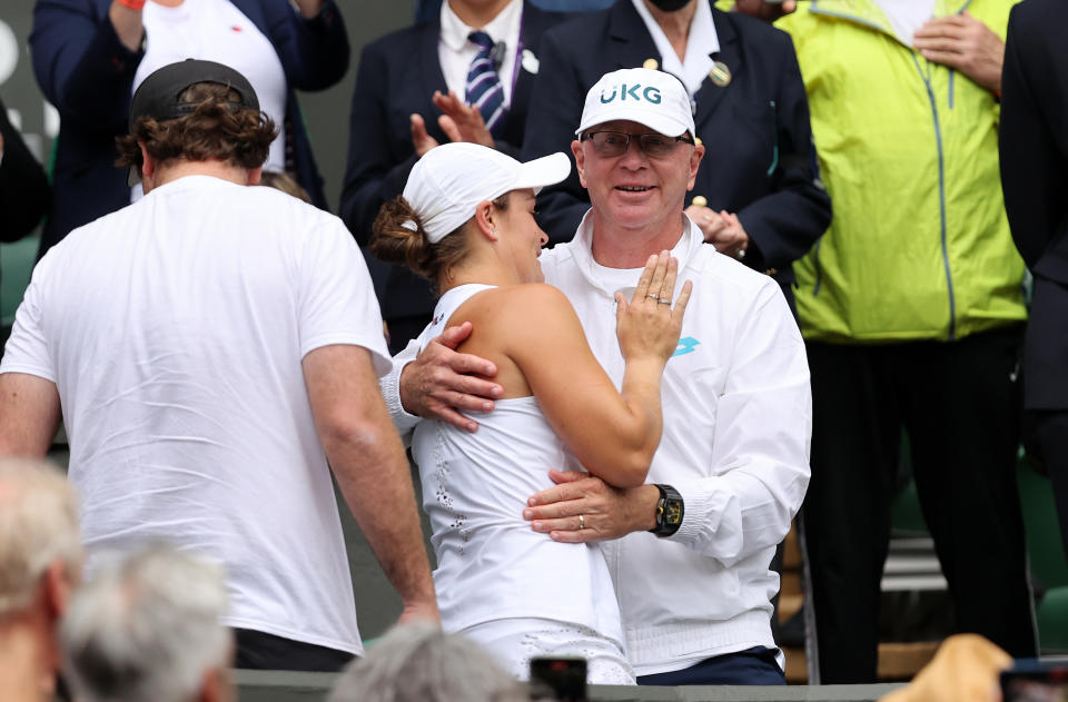 Ash Barty, pictured here with coach Craig Tyzzer after winning Wimbledon in 2021.