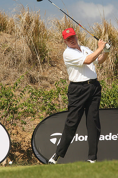 Spruiking the 16 golf courses he owns around the world, The Donald’s website says: “from Scotland to the Palm Beach, Trump golf courses offer a whole new level of challenge, luxury, service and performance that have become synonymous with the Trump brand”. Would you expect anything less? The man himself reportedly has a handicap of 4.