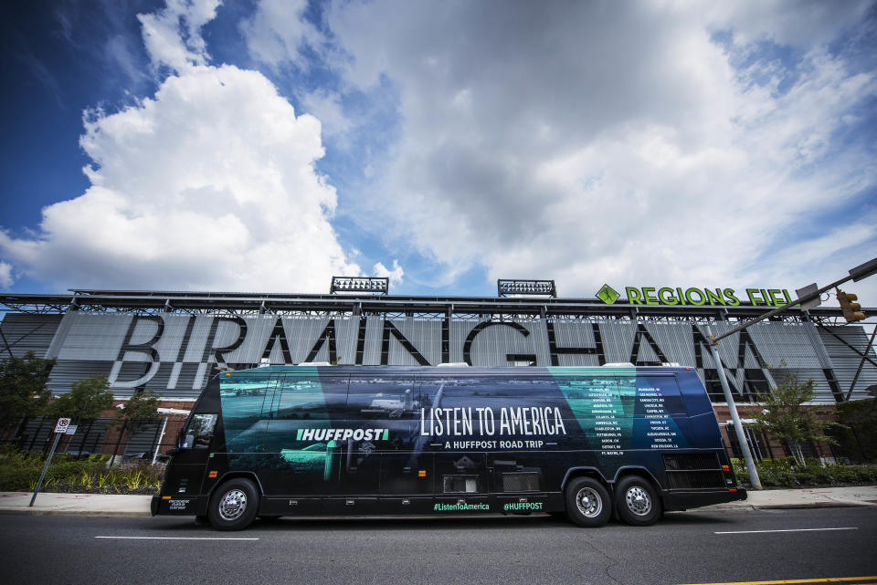 The HuffPost bus sits in front of Region Field stadium as HuffPost visits Birmingham, Alabama, on Sept. 20 as part of Listen To America.