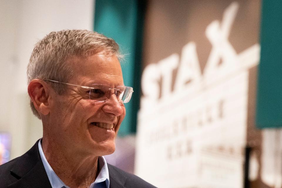 Gov. Bill Lee smiles as he speaks with Stax Music Academy staff inside of the Stax Museum of American Soul Music as he visits as part of the celebration for the passage of The ELVIS Act, short for the Ensuring Likeness Voice and Image Security Act, in Memphis, Tenn., on Tuesday, May 7, 2024.