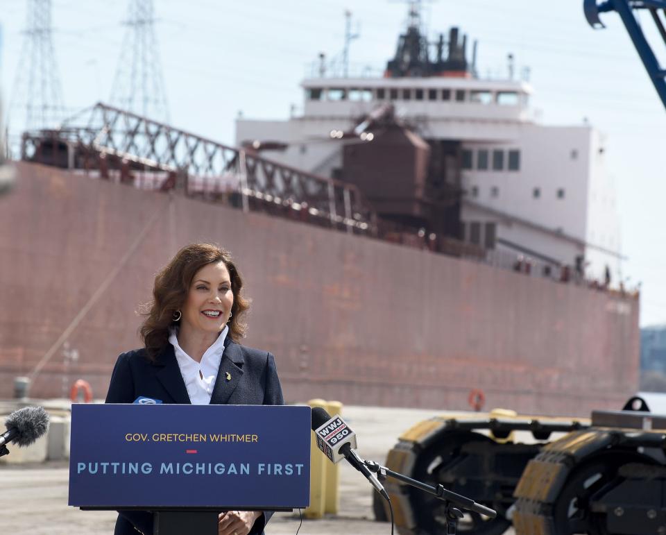 Michigan Gov. Gretchen Whitmer addresses local leaders, Port of Monroe staff, and others after touring the Port on Monday, April 3, 2023. The Port will become the first in Michigan to build a container terminal after receiving a $5 million grant from the state and additional funding from the federal government. The MV James R. Barker, an American bulk carrier that operates on the upper four North American Great Lakes, was docked Monday at the Port.