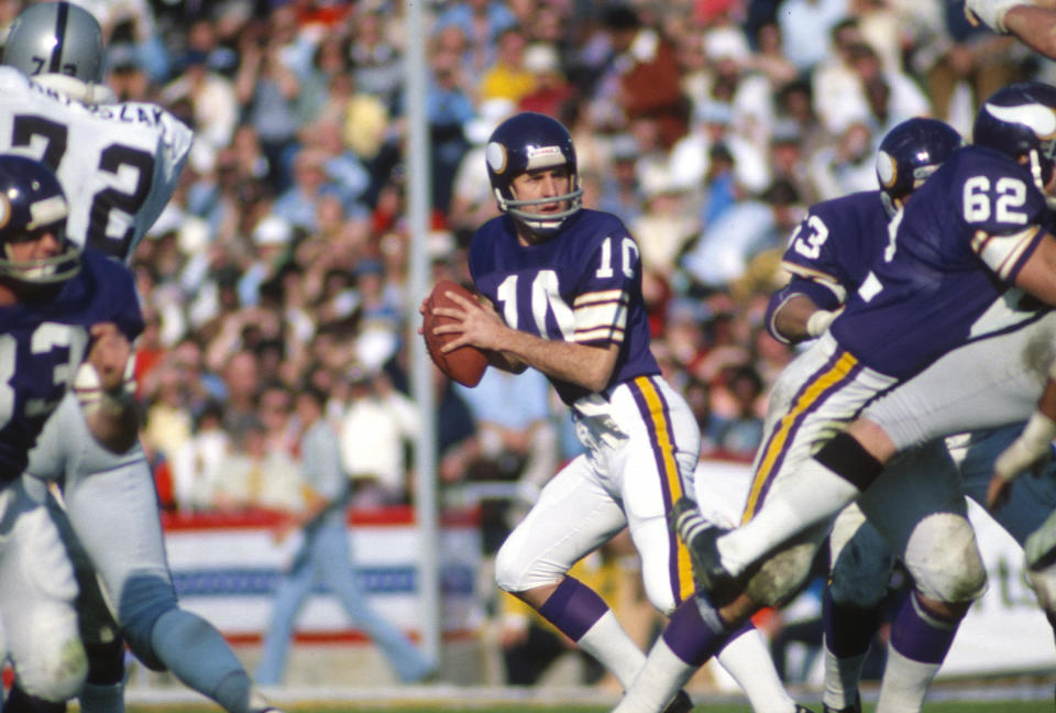 Hall of Fame quarterback Fran Tarkenton played in three of the Vikings' four winless Super Bowl appearances in the 1970s. (Photo by Focus on Sport/Getty Images)