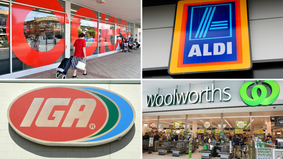 Pictured: Supermarkets Coles, Aldi, Woolworths and IGA. Images: AAP