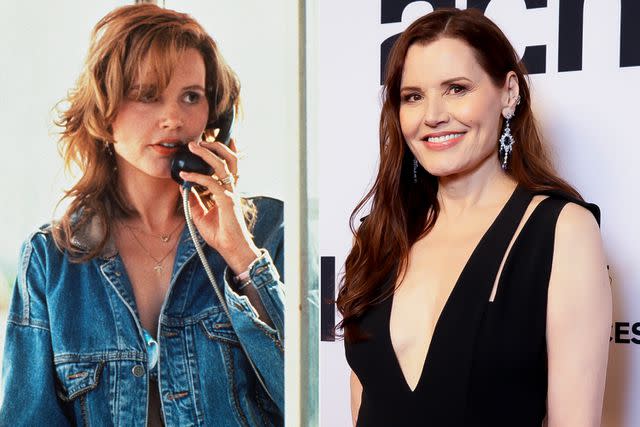 <p>Fotos International/Getty; Sam Tabone/WireImage</p> Geena Davis as Thelma Dickinson (left) and in April 2023