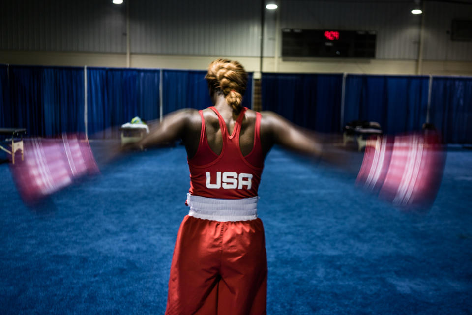 <p>Olympic Gold Medalist Claressa “T-Rex” Shields warm up before fighting and eventually winning in the Gold Medal match at the 2015 Pan Am Games in Toronto, Canada, July 25, 2015. (Photograph by Zackary Canepari) </p>