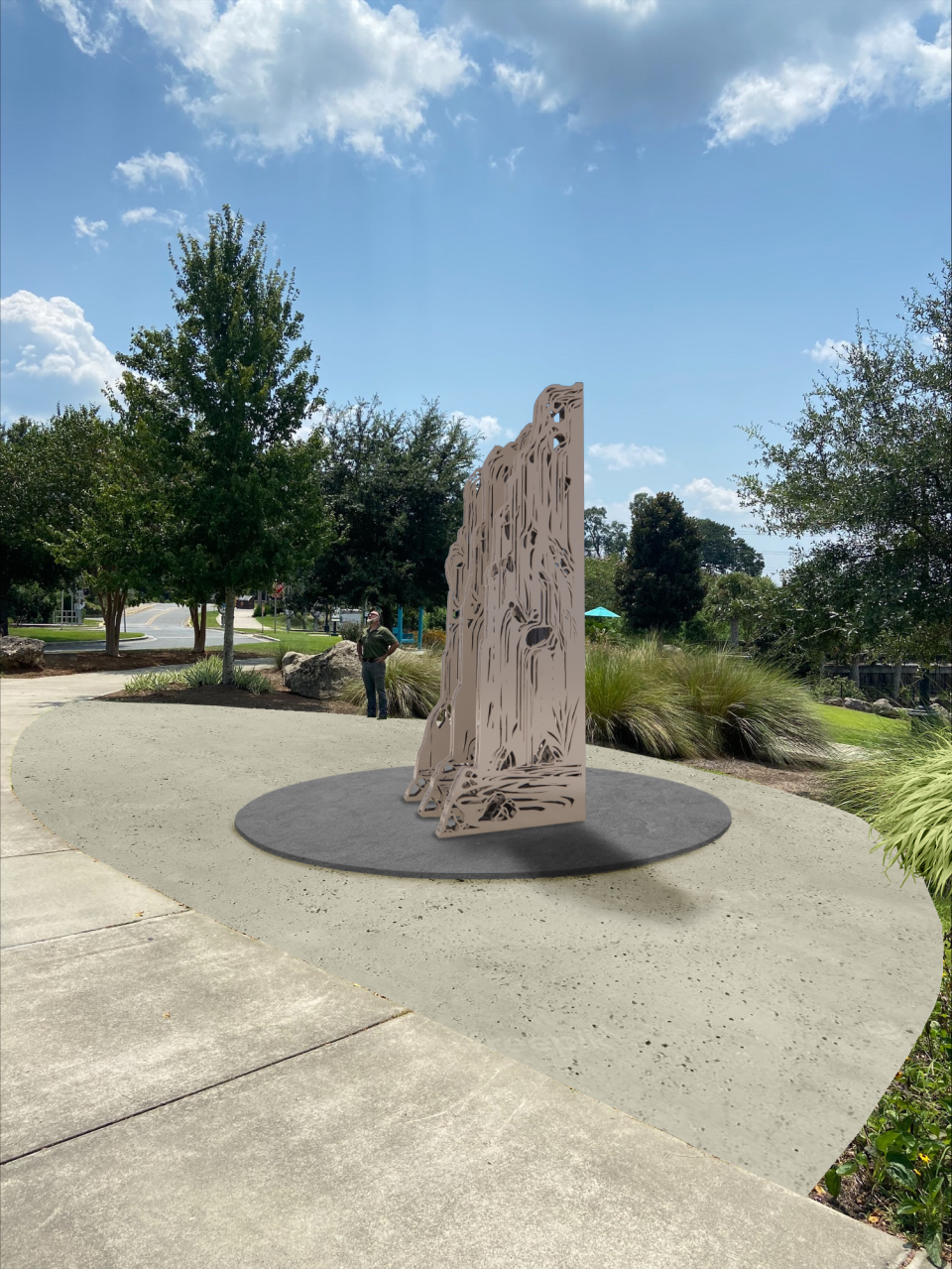 Early rendering, created by the Florida State University Master Craftsman Studio, shows a proposed sculpture for Cascades Park in honor of Tallahassee's bicentennial anniversary.