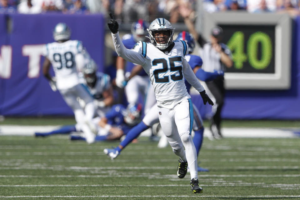 Carolina Panthers' Xavier Woods reacts after a sack during the second half an NFL football game against the New York Giants, Sunday, Sept. 18, 2022, in East Rutherford, N.J. (AP Photo/Noah K. Murray)