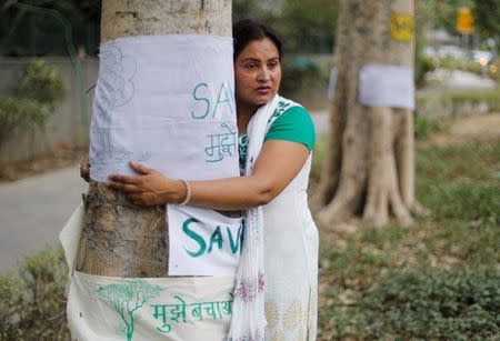 A woman hugs a tree during "Save The Tree Campaign" in New Delhi, India, June 26, 2018. REUTERS/Adnan Abidi