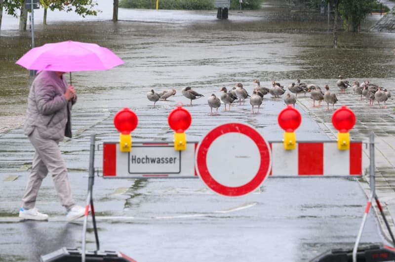 A parking lot on the Elbe in Pirna in Saxon Switzerland is closed due to flooding. In Schoena, the corresponding guideline value of 5 meters was exceeded in the early morning, according to data from the State Flood Centre. Robert Michael/dpa