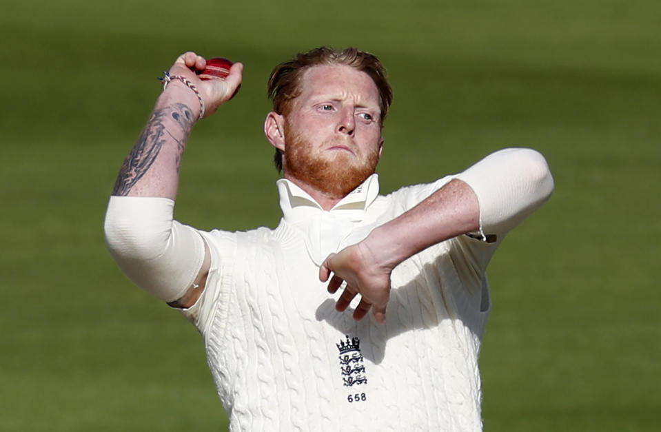 England's Ben Stokes bowls during the third day of the first cricket Test match between England and West Indies, at the Ageas Bowl in Southampton, England, Friday, July 10, 2020. (Adrian Dennis/Pool via AP)