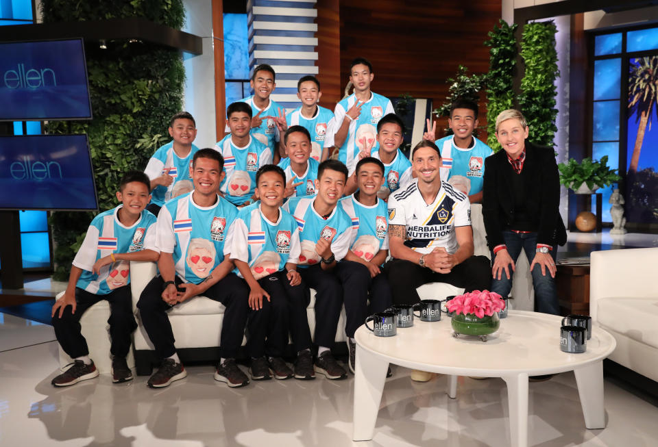 Members of the Thai youth soccer team pose with Ellen on Monday. (Photo: Michael Rozman/Warner Bros.)