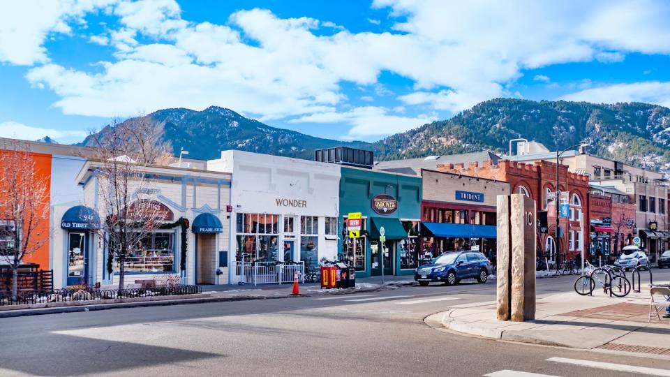 View of the Pearl Street Mall, a landmark pedestrian area in downtown Boulder, Colorado, in the Rocky Mountains
