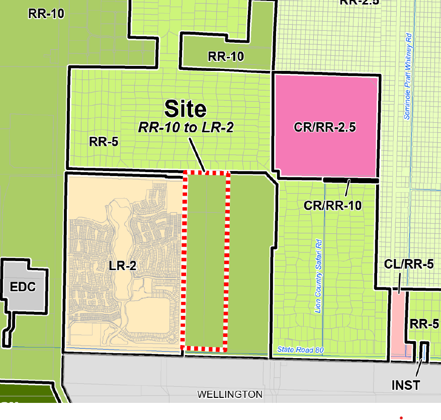 The site marked in red is where Kolter Homes wants to build a development near the Wellington border. To gain county support, Kolter reduced the number of homes by 40% but rural developments in the area say the density is still too much.