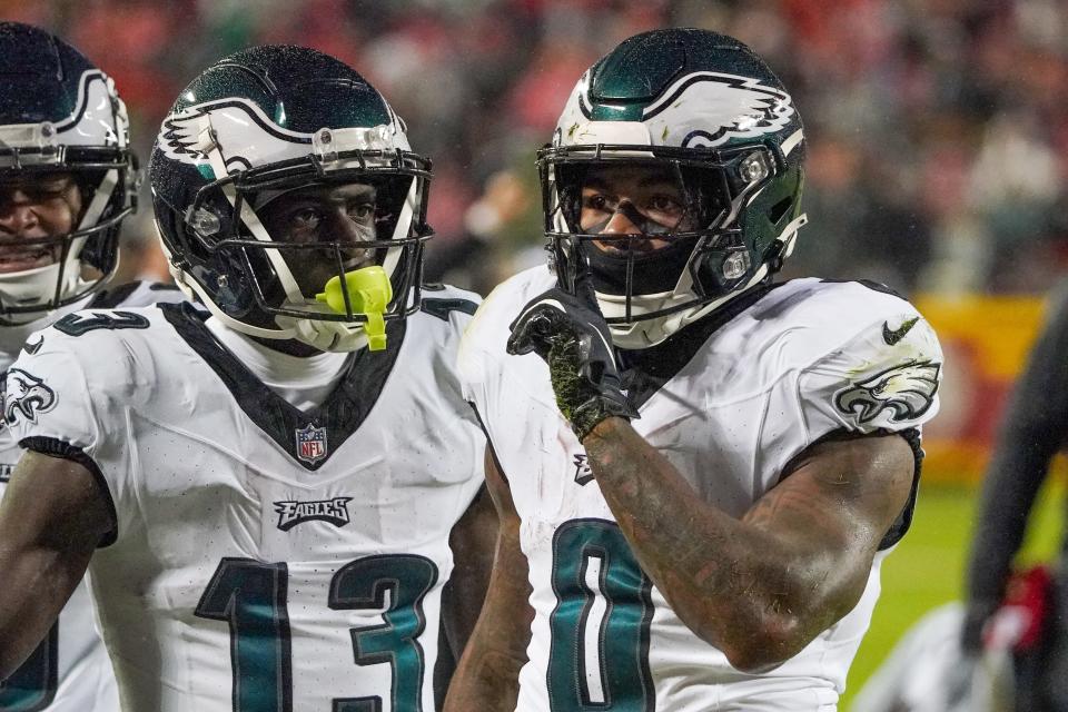 Philadelphia Eagles running back D'Andre Swift (0) celebrates toward fans against the Kansas City Chiefs during the first half at GEHA Field at Arrowhead Stadium.